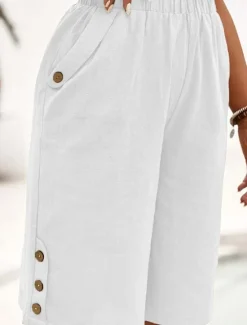 Women's Cotton Linen Shorts Shorts Crop Streetwear Casual Knee Length Natural Plain Pocket Elastic Waist Outdoor Comfortable Outdoor Going out Light Sky Blue Black White Dark navy Summer Regular Fit Women Pants