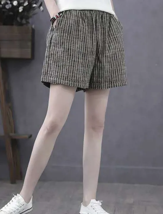 Sale Women's Cotton Linen Shorts Bermuda shorts Fashion Basic Casual Short High Waist Striped Side Pockets Baggy Comfort Inelastic Vacation Street Casual Daily Regular Fit Women Pants