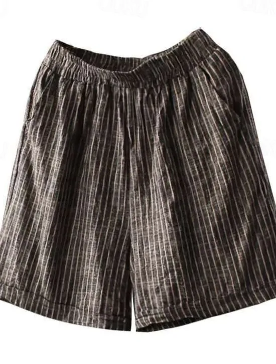 Sale Women's Cotton Linen Shorts Bermuda shorts Fashion Basic Casual Short High Waist Striped Side Pockets Baggy Comfort Inelastic Vacation Street Casual Daily Regular Fit Women Pants