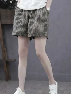 Sale Women's Cotton Linen Shorts Bermuda shorts Fashion Basic Casual Short High Waist Striped Side Pockets Baggy Comfort Inelastic Vacation Street Casual Daily Regular Fit Women Pants
