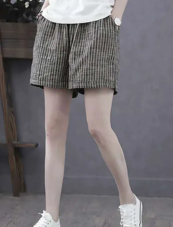 Sale Women's Cotton Linen Shorts Bermuda shorts Fashion Basic Casual Short High Waist Striped Side Pockets Baggy Comfort Inelastic Vacation Street Casual Daily Regular Fit Women Pants