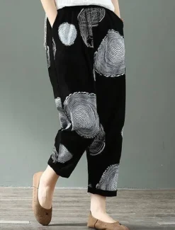 Hot Women's Cotton Linen Shorts Linen-Inspired Pants Cotton Linen Pants Fashion Streetwear Ankle-Length Mid Waist Geometic Flower Pocket Elastic Waist Baggy Breathability Soft Comfortable Micro-elastic Women Pants