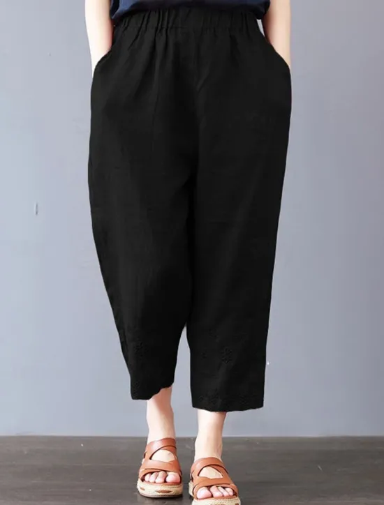 Hot Women's Cotton Linen Shorts Linen-Inspired Pants Cotton Linen Pants Fashion Streetwear Ankle-Length Mid Waist Geometic Flower Pocket Elastic Waist Baggy Breathability Soft Comfortable Micro-elastic Women Pants