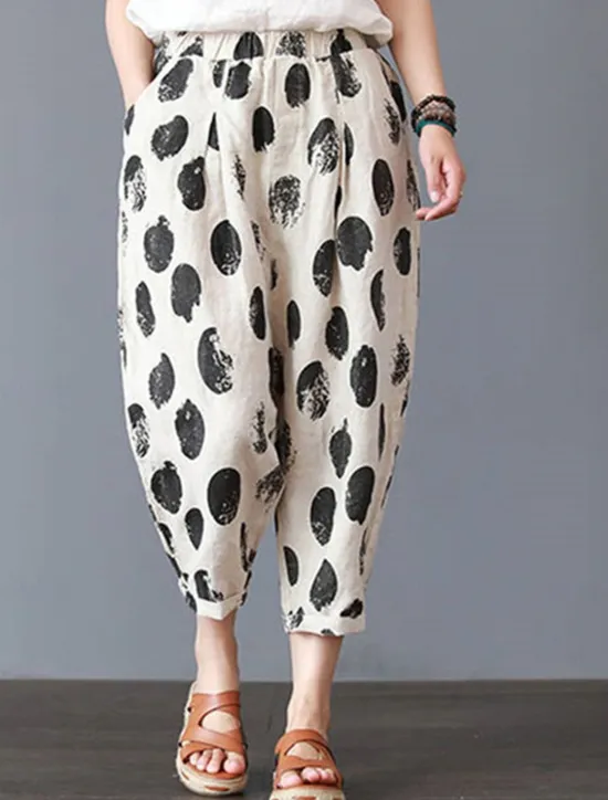 Hot Women's Cotton Linen Shorts Linen-Inspired Pants Cotton Linen Pants Fashion Streetwear Ankle-Length Mid Waist Geometic Flower Pocket Elastic Waist Baggy Breathability Soft Comfortable Micro-elastic Women Pants