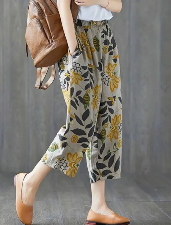 Hot Women's Cotton Linen Shorts Linen-Inspired Pants Cotton Linen Pants Fashion Streetwear Ankle-Length Mid Waist Geometic Flower Pocket Elastic Waist Baggy Breathability Soft Comfortable Micro-elastic Women Pants