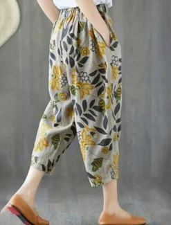 Hot Women's Cotton Linen Shorts Linen-Inspired Pants Cotton Linen Pants Fashion Streetwear Ankle-Length Mid Waist Geometic Flower Pocket Elastic Waist Baggy Breathability Soft Comfortable Micro-elastic Women Pants