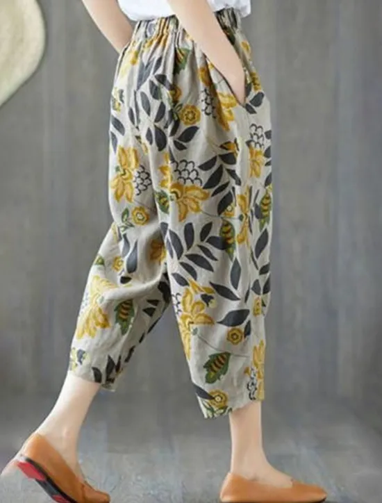 Hot Women's Cotton Linen Shorts Linen-Inspired Pants Cotton Linen Pants Fashion Streetwear Ankle-Length Mid Waist Geometic Flower Pocket Elastic Waist Baggy Breathability Soft Comfortable Micro-elastic Women Pants