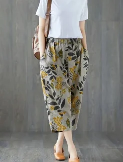 Hot Women's Cotton Linen Shorts Linen-Inspired Pants Cotton Linen Pants Fashion Streetwear Ankle-Length Mid Waist Geometic Flower Pocket Elastic Waist Baggy Breathability Soft Comfortable Micro-elastic Women Pants