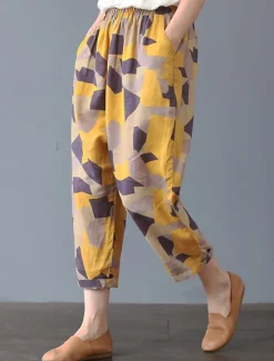 Hot Women's Cotton Linen Shorts Linen-Inspired Pants Cotton Linen Pants Fashion Streetwear Ankle-Length Mid Waist Geometic Flower Pocket Elastic Waist Baggy Breathability Soft Comfortable Micro-elastic Women Pants