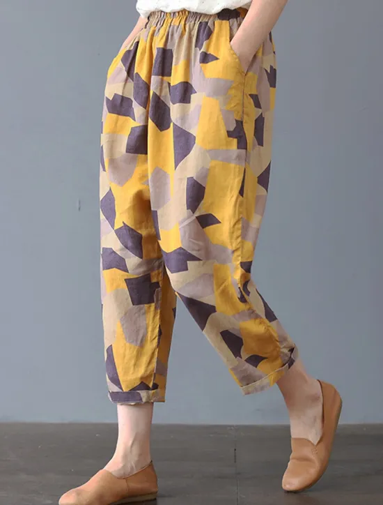Hot Women's Cotton Linen Shorts Linen-Inspired Pants Cotton Linen Pants Fashion Streetwear Ankle-Length Mid Waist Geometic Flower Pocket Elastic Waist Baggy Breathability Soft Comfortable Micro-elastic Women Pants