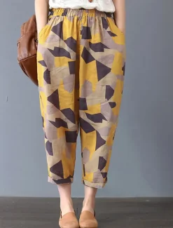 Hot Women's Cotton Linen Shorts Linen-Inspired Pants Cotton Linen Pants Fashion Streetwear Ankle-Length Mid Waist Geometic Flower Pocket Elastic Waist Baggy Breathability Soft Comfortable Micro-elastic Women Pants
