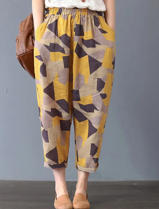 Hot Women's Cotton Linen Shorts Linen-Inspired Pants Cotton Linen Pants Fashion Streetwear Ankle-Length Mid Waist Geometic Flower Pocket Elastic Waist Baggy Breathability Soft Comfortable Micro-elastic Women Pants