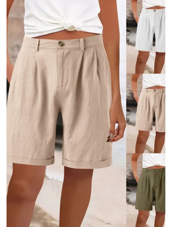 Best Women's Cotton Linen Shorts Shorts Slacks Fashion Streetwear Knee Length High Waist Plain Pocket Comfy Outdoor Comfortable Street Going out Apricot Grey Black White Summer Regular Fit Women Pants