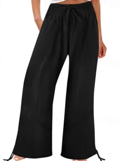 Outlet Women's Cotton Linen Shorts Linen-Inspired Pants Cotton Linen Pants Fashion Full Length Natural Plain Pocket Elastic Drawstring Design Comfy Outdoor Comfortable Outdoor Street Going out Orange red Women Pants