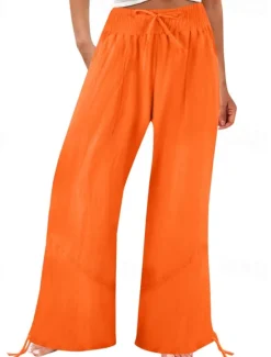 Outlet Women's Cotton Linen Shorts Linen-Inspired Pants Cotton Linen Pants Fashion Full Length Natural Plain Pocket Elastic Drawstring Design Comfy Outdoor Comfortable Outdoor Street Going out Orange red Women Pants