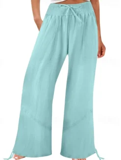 Outlet Women's Cotton Linen Shorts Linen-Inspired Pants Cotton Linen Pants Fashion Full Length Natural Plain Pocket Elastic Drawstring Design Comfy Outdoor Comfortable Outdoor Street Going out Orange red Women Pants