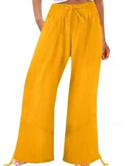 Outlet Women's Cotton Linen Shorts Linen-Inspired Pants Cotton Linen Pants Fashion Full Length Natural Plain Pocket Elastic Drawstring Design Comfy Outdoor Comfortable Outdoor Street Going out Orange red Women Pants