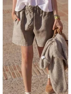 New Women's Cotton Linen Shorts Shorts Slacks Streetwear Casual Short Natural Plain Pocket Breathability Soft Comfortable Micro-elastic Casual Daily Wear Grey Black White Khaki Summer Regular Fit Women Pants