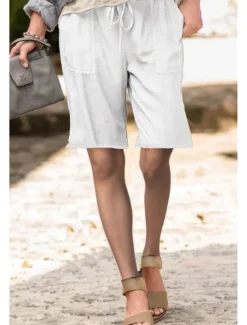 Best Women's Cotton Linen Shorts Shorts Slacks Streetwear Casual Short Natural Plain Pocket Elastic Drawstring Design Comfy Outdoor Street Daily Wear Going out Navy Black White Light Green Summer Regular Women Pants