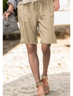 Best Women's Cotton Linen Shorts Shorts Slacks Streetwear Casual Short Natural Plain Pocket Elastic Drawstring Design Comfy Outdoor Street Daily Wear Going out Navy Black White Light Green Summer Regular Women Pants