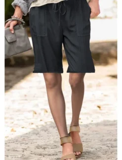 Best Women's Cotton Linen Shorts Shorts Slacks Streetwear Casual Short Natural Plain Pocket Elastic Drawstring Design Comfy Outdoor Street Daily Wear Going out Navy Black White Light Green Summer Regular Women Pants