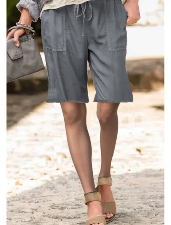 Best Women's Cotton Linen Shorts Shorts Slacks Streetwear Casual Short Natural Plain Pocket Elastic Drawstring Design Comfy Outdoor Street Daily Wear Going out Navy Black White Light Green Summer Regular Women Pants