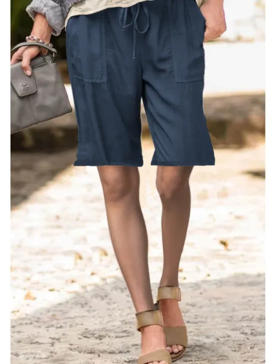 Best Women's Cotton Linen Shorts Shorts Slacks Streetwear Casual Short Natural Plain Pocket Elastic Drawstring Design Comfy Outdoor Street Daily Wear Going out Navy Black White Light Green Summer Regular Women Pants