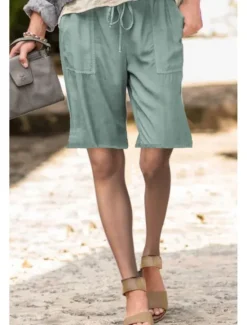 Best Women's Cotton Linen Shorts Shorts Slacks Streetwear Casual Short Natural Plain Pocket Elastic Drawstring Design Comfy Outdoor Street Daily Wear Going out Navy Black White Light Green Summer Regular Women Pants