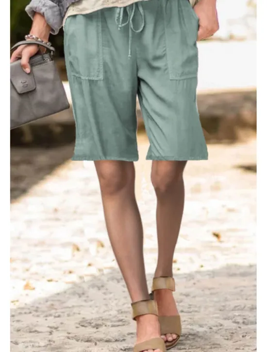 Best Women's Cotton Linen Shorts Shorts Slacks Streetwear Casual Short Natural Plain Pocket Elastic Drawstring Design Comfy Outdoor Street Daily Wear Going out Navy Black White Light Green Summer Regular Women Pants