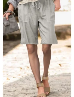 Best Women's Cotton Linen Shorts Shorts Slacks Streetwear Casual Short Natural Plain Pocket Elastic Drawstring Design Comfy Outdoor Street Daily Wear Going out Navy Black White Light Green Summer Regular Women Pants