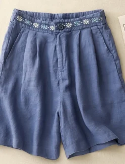 Women's Cotton Linen Shorts Shorts Slacks Casual Short Natural Flower Pocket Printing Comfy Comfortable Street Going out Sapphire Blue Dark Navy Purple Orange Summer Regular Fit Women Pants