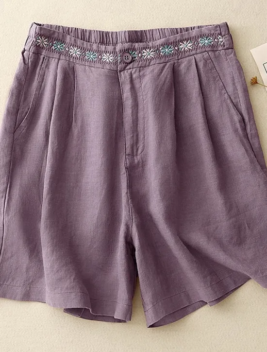 Women's Cotton Linen Shorts Shorts Slacks Casual Short Natural Flower Pocket Printing Comfy Comfortable Street Going out Sapphire Blue Dark Navy Purple Orange Summer Regular Fit Women Pants