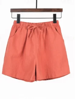 Discount Women's Cotton Linen Shorts Shorts Slacks Streetwear Casual Short Natural Plain Pocket Elastic Drawstring Design Comfy Outdoor Outdoor Holiday Forest Green Rust Navy Sapphire Blue Summer Regular Fit Women Pants
