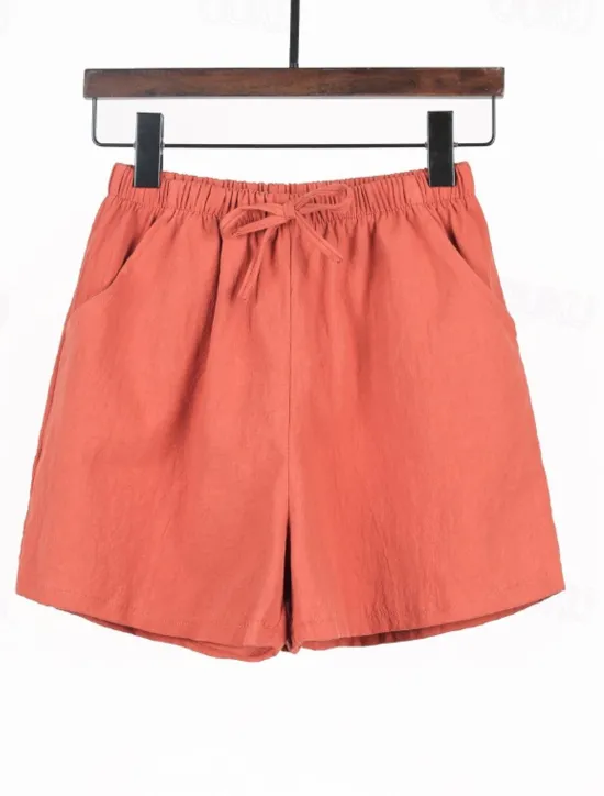 Discount Women's Cotton Linen Shorts Shorts Slacks Streetwear Casual Short Natural Plain Pocket Elastic Drawstring Design Comfy Outdoor Outdoor Holiday Forest Green Rust Navy Sapphire Blue Summer Regular Fit Women Pants