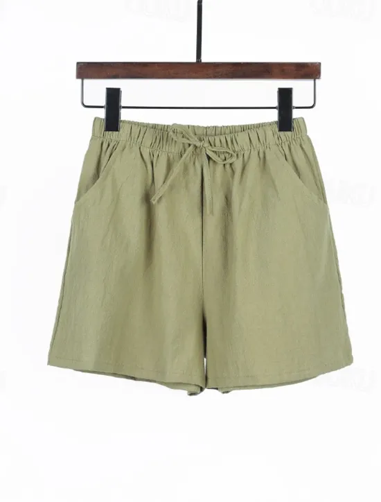 Discount Women's Cotton Linen Shorts Shorts Slacks Streetwear Casual Short Natural Plain Pocket Elastic Drawstring Design Comfy Outdoor Outdoor Holiday Forest Green Rust Navy Sapphire Blue Summer Regular Fit Women Pants