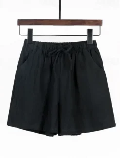 Discount Women's Cotton Linen Shorts Shorts Slacks Streetwear Casual Short Natural Plain Pocket Elastic Drawstring Design Comfy Outdoor Outdoor Holiday Forest Green Rust Navy Sapphire Blue Summer Regular Fit Women Pants