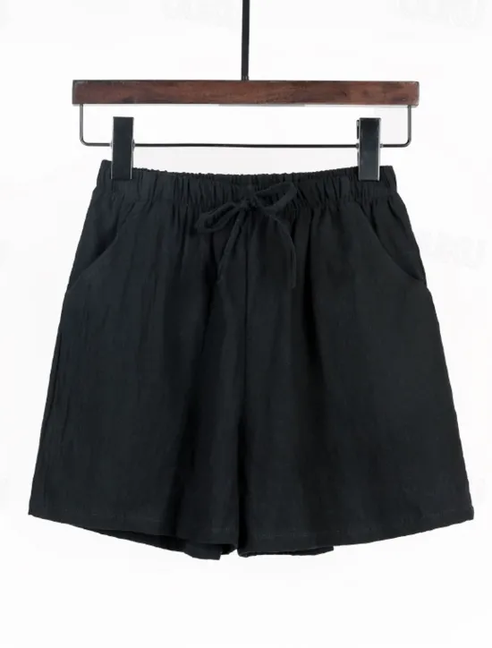 Discount Women's Cotton Linen Shorts Shorts Slacks Streetwear Casual Short Natural Plain Pocket Elastic Drawstring Design Comfy Outdoor Outdoor Holiday Forest Green Rust Navy Sapphire Blue Summer Regular Fit Women Pants