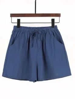 Discount Women's Cotton Linen Shorts Shorts Slacks Streetwear Casual Short Natural Plain Pocket Elastic Drawstring Design Comfy Outdoor Outdoor Holiday Forest Green Rust Navy Sapphire Blue Summer Regular Fit Women Pants