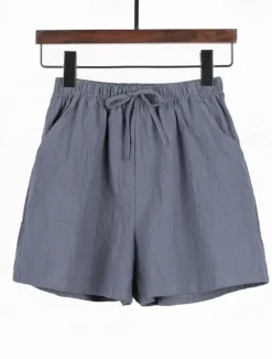 Discount Women's Cotton Linen Shorts Shorts Slacks Streetwear Casual Short Natural Plain Pocket Elastic Drawstring Design Comfy Outdoor Outdoor Holiday Forest Green Rust Navy Sapphire Blue Summer Regular Fit Women Pants