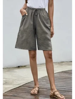 Clearance Women's Cotton Linen Shorts Shorts Slacks Streetwear Casual Short Natural Plain Pocket Elastic Drawstring Design Comfy Comfortable Street Going out Grey Navy Black White Summer Regular Fit Women Pants