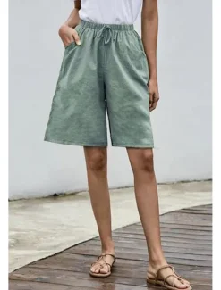 Clearance Women's Cotton Linen Shorts Shorts Slacks Streetwear Casual Short Natural Plain Pocket Elastic Drawstring Design Comfy Comfortable Street Going out Grey Navy Black White Summer Regular Fit Women Pants