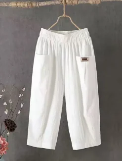 Discount Women's Cotton Linen Shorts Linen-Inspired Pants Cotton Linen Pants Active Simple Casual Calf-Length High Waist Plain Pocket Comfy Breathability Soft Micro-elastic Vacation Weekend Black White Yellow Women Pants