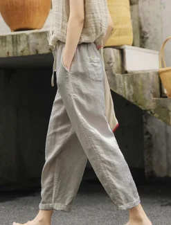 New Women's Cotton Linen Shorts Linen-Inspired Pants Cotton Linen Pants Fashion Streetwear Basic Ankle-Length High Waist Plain Pocket Elastic Waistband Comfort Outdoor Micro-elastic Vacation Street Daily Women Pants