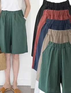Online Women's Cotton Linen Shorts Wide Leg Shorts Fashion Knee Length Solid Color Side Pockets Wide Leg Comfort Inelastic Casual Daily Black Red Navy Blue Green Loose Fit Women Pants