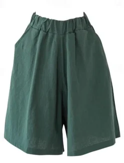 Online Women's Cotton Linen Shorts Wide Leg Shorts Fashion Knee Length Solid Color Side Pockets Wide Leg Comfort Inelastic Casual Daily Black Red Navy Blue Green Loose Fit Women Pants
