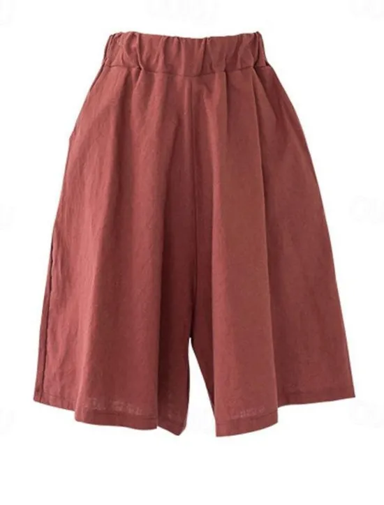Online Women's Cotton Linen Shorts Wide Leg Shorts Fashion Knee Length Solid Color Side Pockets Wide Leg Comfort Inelastic Casual Daily Black Red Navy Blue Green Loose Fit Women Pants