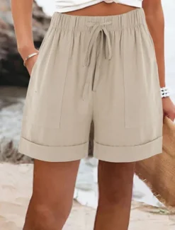 Discount Women's Cotton Linen Shorts Chinos Shorts Basic Short High Waist Plain Pocket Elastic Waistband Comfy Soft Comfortable Micro-elastic Outdoor Street Black Pink Army Green Blue Summer Spring Regular Fit Women Pants
