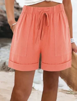Discount Women's Cotton Linen Shorts Chinos Shorts Basic Short High Waist Plain Pocket Elastic Waistband Comfy Soft Comfortable Micro-elastic Outdoor Street Black Pink Army Green Blue Summer Spring Regular Fit Women Pants