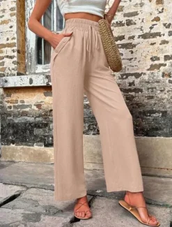 Online Women's Cotton Linen Shorts Linen-Inspired Pants Cotton Linen Pants Fashion Streetwear Comfort Full Length High Waist Plain Drawstring Elastic Waist Straight Leg Comfy Outdoor Comfortable Street Women Pants