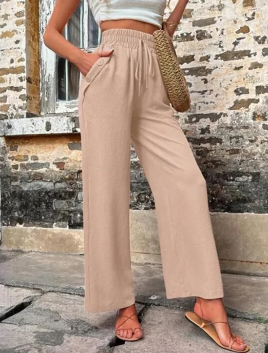 Online Women's Cotton Linen Shorts Linen-Inspired Pants Cotton Linen Pants Fashion Streetwear Comfort Full Length High Waist Plain Drawstring Elastic Waist Straight Leg Comfy Outdoor Comfortable Street Women Pants